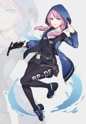 Rule 34 | 1girl, absurdres, arknights, arm up, bag, black footwear, black pantyhose, blue eyes, blue jacket, blue poison (arknights), bow (weapon), buttons, chinese commentary, collar, collared shirt, commentary request, crossbow, full body, grey background, highres, holding, holding bow (weapon), holding crossbow, holding weapon, hood, hood up, hooded jacket, hoodie, jacket, jiachong jun z, long sleeves, looking at viewer, low twintails, medium hair, open clothes, open jacket, pantyhose, pink hair, shirt, shoes, shorts, simple background, smile, sneakers, solo, thigh strap, twintails, weapon, white shirt, zipper