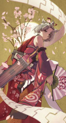 Rule 34 | 1girl, animal ears, azur lane, bare shoulders, branch, breasts, brown eyes, cherry blossoms, closed mouth, detached sleeves, fang, flight deck, floral print, folding fan, from side, fujita (condor), hair ribbon, hand fan, highres, holding, holding fan, japanese clothes, kimono, leg up, long hair, long sleeves, looking at viewer, looking back, machinery, moon, petals, pleated skirt, red kimono, red ribbon, remodel (azur lane), ribbon, rigging, rudder footwear, short hair, shouhou (azur lane), skirt, smile, solo, thighhighs, topknot, white hair, white thighhighs, wide sleeves