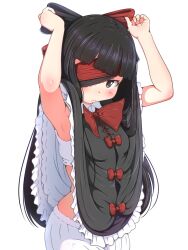 1girl arms_up black_dress black_eyes black_hair bloomers blunt_bangs blush bow bowtie bra closed_mouth commentary commentary_request cowboy_shot dress english_commentary eyepatch hanoyama highres long_hair looking_at_viewer maiden_and_spell medium_bangs mixed-language_commentary red_bow red_bowtie royal_arcanist simple_background solo underwear white_background white_bloomers white_bra