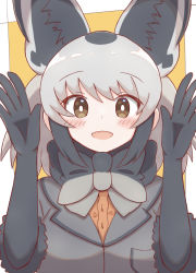Rule 34 | 1girl, :d, animal ears, bat-eared fox (kemono friends), black bow, black gloves, black hair, blush, bow, brown eyes, brown shirt, commentary request, elbow gloves, gloves, grey bow, grey hair, grey jacket, hair between eyes, hands up, highres, jacket, kemono friends, looking at viewer, multicolored hair, open mouth, orange background, shirt, short sleeves, smile, solo, sunanuko (ramuneko), two-tone background, two-tone hair, upper body, white background