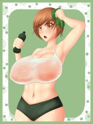 Rule 34 | 1girl, alternate breast size, atlus, bottle, breasts, brown eyes, brown hair, cleavage, female focus, highres, huge breasts, jcdr, navel, persona, persona 4, satonaka chie, see-through, short hair, shorts, solo, sweat, wet, wet clothes