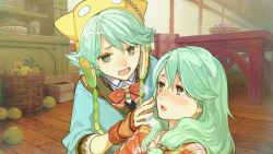 Rule 34 | 2girls, :o, atelier (series), atelier shallie, basket, blue shirt, blush, bow, bowtie, bright pupils, chair, crying, crying with eyes open, fingerless gloves, food, fruit, gloves, green eyes, green hair, hair over shoulder, heavy breathing, hidari (left side), indoors, long hair, looking at another, mother and daughter, multiple girls, nady elminus, official art, open mouth, plaid, red bow, red gloves, shallotte elminus, shirt, short hair, table, tears, yellow headwear