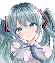 Rule 34 | 1girl, aqua hair, bare shoulders, blue eyes, breasts, closed mouth, collared shirt, crypton future media, hatsune miku, highres, kongiki 96, light blush, long hair, looking at viewer, medium breasts, necktie, shirt, smile, solo, twintails, upper body, very long hair, vocaloid, white background