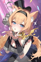 1girl aibon animal_ear_fluff animal_ears black_dress black_hat blowing_kiss blue_archive blue_eyes blush cat_ears dress flower flower_hat fluffy_hair grey_feathers hairband halo hat heart highres idol_clothes long_hair looking_at_viewer low_twintails mari_(blue_archive) mari_(idol)_(blue_archive) mini_hat mini_top_hat official_alternate_costume open_mouth orange_hair sleeveless smile solo top_hat twintails wrist_wrap