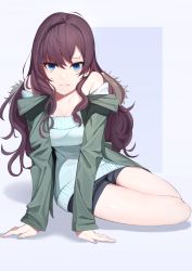 Rule 34 | 1girl, :3, absurdres, black shorts, blue eyes, brown hair, closed mouth, earrings, green jacket, grey background, hair between eyes, highres, ichinose shiki, idolmaster, idolmaster cinderella girls, idolmaster cinderella girls starlight stage, jacket, jewelry, leaning forward, long hair, long sleeves, looking at viewer, off-shoulder shirt, off shoulder, open clothes, open jacket, shadow, shirt, short shorts, shorts, sitting, smile, solo, sweater, two-tone background, unchiganiowanai, very long hair, white background, white sweater