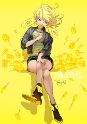 Rule 34 | 1girl, blonde hair, candy, commentary request, crossed legs, demizu posuka, earrings, food, jacket, jewelry, orange eyes, original, pointy ears, shirt, short hair, short sleeves, shorts, signature, solo, star (symbol), star earrings, striped clothes, striped shirt, yellow background, yellow footwear, yellow shirt, yellow theme