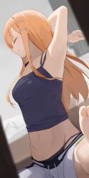 1girl arm_behind_head armpits barefoot breasts closed_eyes closed_mouth commentary gakuen_idolmaster hair_ornament hairclip highres hiroki_(yyqw7151) idolmaster long_hair medium_breasts midriff navel shiun_sumika shorts smile soles solo toes white_shorts