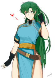 Rule 34 | 1girl, absurdres, alternate hairstyle, arm at side, belt, black gloves, blue dress, blush, cowboy shot, dress, earrings, fingerless gloves, fire emblem, fire emblem: the blazing blade, gloves, green eyes, green hair, hair down, hand in own hair, hand up, heart, highres, jewelry, long hair, lyn (fire emblem), nintendo, ormille, parted lips, pelvic curtain, sash, simple background, sketch, smile, solo, standing, thighs, tsurime, twitter username, very long hair, white background