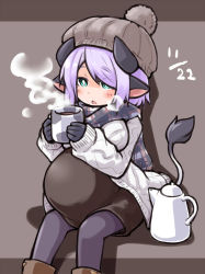 Rule 34 | 1girl, animal ears, beanie, big belly, blue eyes, blush, boots, bright pupils, cardigan, coffee, coffee pot, commentary request, cow ears, cow girl, cow horns, cow tail, cup, gloves, hat, highres, horns, kugelschreiber, light purple hair, mug, open cardigan, open clothes, original, pregnant, scarf, short hair, sitting, solo, steam, tail