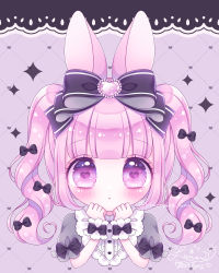 Rule 34 | 1girl, :o, animal ears, black bow, blunt bangs, blush, bow, grey shirt, hair bow, heart, heart-shaped pupils, heart background, highres, himetsuki luna, looking at viewer, original, parted lips, pink hair, puffy short sleeves, puffy sleeves, purple eyes, rabbit ears, shirt, short sleeves, signature, solo, sparkle, symbol-shaped pupils, twintails, twitter username, upper body, wrist cuffs
