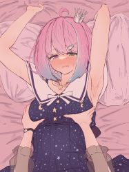 Rule 34 | 2girls, ahoge, armpits, arms up, bare shoulders, bed sheet, candy hair ornament, crescent, crescent earrings, crescent necklace, crown, earrings, female pov, food-themed hair ornament, grabbing, grabbing another&#039;s breast, gradient hair, green eyes, hair ornament, hairclip, half-closed eyes, heterochromia, highres, himemori luna, himemori luna (sundress), hololive, jewelry, lying, mini crown, multicolored hair, multiple girls, natsuiro matsuri, natsuiro matsuri (casual), nayutora 1110, necklace, on back, on bed, parted lips, pillow, pink hair, pov, purple eyes, purple hair, see-through, sheet grab, solo focus, starry sky print, sweat, tears, virtual youtuber, yuri
