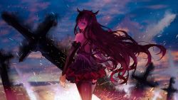 Rule 34 | 1girl, absurdres, back, bare shoulders, bridal gauntlets, darkness, demon girl, demon horns, detached sleeves, dress, from behind, gauntlets, heterochromia, highres, hololive, hololive english, horns, irys (hololive), landscape, light, long hair, looking at viewer, multicolored hair, multiple horns, multiple swords, outdoors, pleated dress, pointy ears, short dress, single leg pantyhose, single thighhigh, skirt, sky, sparks, sunset, sword, thighhighs, thighs, very long hair, virtual youtuber, vyragami, weapon