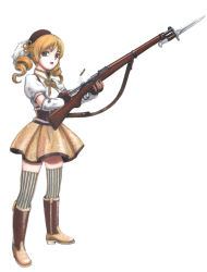 Rule 34 | 10s, 1girl, arm warmers, ayase (ayase m712), bayonet, bolt action, boots, bow, bowtie, casing ejection, corset, cowboy boots, drill hair, fingerless gloves, full body, gloves, gun, gun sling, highres, k31, mahou shoujo madoka magica, mahou shoujo madoka magica (anime), patterned legwear, pinstripe pattern, puffy sleeves, rifle, shell casing, simple background, skirt, solo, standing, striped, thighhighs, tomoe mami, traditional media, weapon, white background, yellow skirt