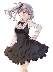 Rule 34 | 1girl, absurdres, adapted costume, black dress, black ribbon, blush, buttons, closed mouth, dress, feet out of frame, grey hair, hair ribbon, hand on own hip, highres, kantai collection, kasumi (kancolle), kasumi kai ni (kancolle), kukimaru, long hair, long sleeves, ribbon, shirt, side ponytail, simple background, solo, twitter username, white background, white shirt, yellow eyes