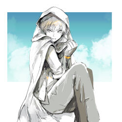 Rule 34 | 1boy, blue sky, border, buttons, clenched hand, cloak, cloud, commentary request, crossed legs, eyelashes, formal, greyscale with colored background, highres, hood, hood up, hooded cloak, jacket, long sleeves, looking at viewer, necktie, open clothes, open jacket, open mouth, pants, ranko no ane, short hair, sitting, sketch, sky, spot color, suit, touken ranbu, v-shaped eyebrows, wavy mouth, white border, yamanbagiri kunihiro