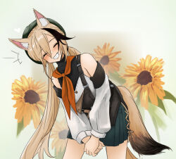 Rule 34 | +++, 1girl, ^ ^, animal ear fluff, animal ears, arknights, beret, black hair, black shirt, blonde hair, blush, cardigan (arknights), cardigan (sunny day) (arknights), clenched teeth, closed eyes, cowboy shot, detached sleeves, dog ears, dog girl, dog tail, dokonjou (odossan), facing viewer, flower, green hat, green skirt, grey background, grin, hair between eyes, hat, heart, highres, leaning forward, multicolored hair, neckerchief, official alternate costume, orange neckerchief, own hands together, pleated skirt, shirt, skirt, smile, solo, streaked hair, sunflower, tail, teeth, white shirt