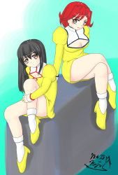 Rule 34 | 1990s (style), 2girls, agent aika, aika (series), artist request, bianca (agent aika), black hair, blush, breasts, brown eyes, cleavage cutout, clothing cutout, dated, delmo, dress, eyebrows, eyelashes, female focus, golden delmo, hand on own thigh, high heels, highres, juliet sleeves, knee up, koji-mikan, leg lift, legs, long hair, long sleeves, looking at viewer, medium breasts, miniskirt, multiple girls, puffy sleeves, red hair, retro artstyle, rie petoriyacowa, signature, sitting, skirt, smile, socks, thighs, very long hair, white legwear, yellow dress, yellow footwear
