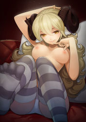 Rule 34 | 1girl, arm behind head, blonde hair, breasts, curly hair, feet, finger to mouth, highres, horns, large breasts, lips, long hair, looking at viewer, lying, nipples, no shoes, original, panties, sheep girl, sheep horns, sheeper, smile, solo, spread toes, striped clothes, striped thighhighs, thigh gap, thighhighs, toes, topless, underwear, white panties, yellow eyes