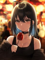 Rule 34 | 1girl, absurdres, ahoge, artist name, backlighting, bare shoulders, black bow, black choker, black hair, black skirt, black tank top, blue hair, blurry, blurry background, bow, breasts, brown eyes, candy apple, choker, cleavage, closed mouth, colored inner hair, commentary, cross, cross choker, cross earrings, earrings, english commentary, food, hair between eyes, hair bow, hair ornament, hairclip, highres, holding, holding food, irene (kanniiepan), jacket, jewelry, kanniiepan, light blue hair, long sleeves, looking at viewer, medium breasts, medium hair, mole, mole on cheek, mole under eye, multicolored hair, off shoulder, open clothes, open jacket, original, shirt, single earring, skirt, sleeves past wrists, solo focus, tank top, two-tone hair, upper body, x hair ornament