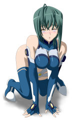 Rule 34 | 00s, 1girl, ahoge, all fours, asymmetrical legwear, bad id, bad pixiv id, bare shoulders, blue thighhighs, blush, bodysuit, boots, breasts, closed eyes, elbow gloves, facial mark, fingerless gloves, gloves, green hair, halterneck, highleg, highleg leotard, impossible clothes, impossible leotard, kannagi itsuki, large breasts, legs, leotard, mike (pixiv308753), mikepon (ota office), nose blush, open mouth, pilot suit, raised eyebrows, shadow, short hair, simple background, solo, sora wo kakeru shoujo, sweatdrop, thigh boots, thigh strap, thighhighs, turtleneck, uneven legwear, white background, wince