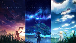 Rule 34 | 1boy, 1girl, absurdres, bird, black hair, blonde hair, blue hat, blurry, blurry foreground, bug, cloud, cloudy sky, commentary request, dandelion seed, day, depth of field, diluc (genshin impact), dress, evening, falcon, falling leaves, falling star, fireflies, firefly, from behind, galaxy, genshin impact, grass, hat, highres, insect, landscape, leaf, long hair, lumine (genshin impact), magic circle, mona (genshin impact), mountain, mountainous horizon, night, night sky, outdoors, scenery, short hair, short hair with long locks, sky, solo, standing, star (sky), starry sky, text background, translation request, tree, twintails, white dress, witch hat, zi13591