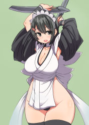 Rule 34 | 1girl, arms up, black hair, black thighhighs, blush, breasts, choker, cleavage, dual wielding, green background, hair ornament, hairclip, headdress, highres, holding, iroha (samurai spirits), japanese clothes, large breasts, long sleeves, maid, maid headdress, open mouth, pelvic curtain, round teeth, samurai spirits, short hair, simple background, solo, sumiyao (amam), sword, teeth, thick thighs, thighhighs, thighs, weapon
