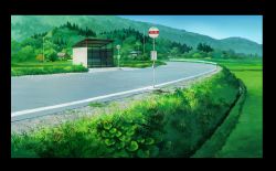 Rule 34 | blue sky, border, building, bus stop, day, field, forest, grass, highres, hosoi mikio, house, lamppost, mountain, nature, no humans, outdoors, plant, road, road sign, rural, scenery, sign, sky, studio ghibli, third-party edit