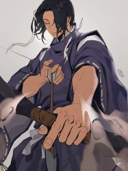 Rule 34 | 1boy, arrow (projectile), black hair, bow (weapon), closed mouth, commentary request, closed eyes, fingernails, holding, holding bow (weapon), holding weapon, japanese clothes, jujutsu kaisen, kamo noritoshi, kimono, korean commentary, kukig8765, long hair, long sleeves, male focus, simple background, solo, weapon, wide sleeves