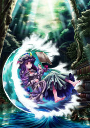 Rule 34 | 1girl, babato, bad id, bad pixiv id, barefoot, book, bookshelf, crescent, dress, female focus, hand on own stomach, hat, hat ribbon, hydrokinesis, light rays, long hair, open book, patchouli knowledge, purple dress, purple hair, reading, red eyes, ribbon, sitting, solo, sunbeam, sunlight, touhou, tree, water