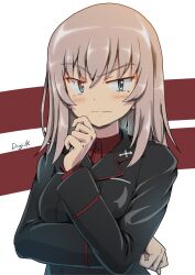 Rule 34 | 1girl, absurdres, artist name, black jacket, blue eyes, blush, closed mouth, commentary, dress shirt, frown, girls und panzer, grey hair, hand on own chin, highres, insignia, itsumi erika, jacket, kuromorimine military uniform, kuroneko douji, long sleeves, looking at viewer, medium hair, military, military uniform, no headwear, red shirt, shirt, signature, solo, uniform, upper body, wing collar