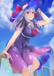 Rule 34 | 1girl, blue sky, blush, bow, breasts, dress, fate/grand order, fate (series), floral print, hair bow, hair ornament, hand on headwear, hat, hat ornament, hat ribbon, highres, kama (fate), large breasts, long hair, looking at viewer, multicolored clothes, multicolored dress, nakaga eri, outdoors, red eyes, ribbon, sky, smile, solo, star (symbol), star print, white hair
