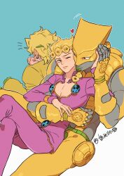 Rule 34 | 2boys, absurdres, black hair, blonde hair, braid, bug, closed mouth, commentary request, dio brando, father and son, giorno giovanna, green eyes, headband, heart, highres, honlo, hug, insect, jacket, jojo no kimyou na bouken, ladybug, long hair, male focus, multiple boys, muscular, one eye closed, pants, pink jacket, pink pants, sitting, stand (jojo), the world, vento aureo, yellow jacket, yellow pants