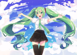 Rule 34 | 1girl, blush, cloud, day, green eyes, green hair, hatsune miku, long hair, matching hair/eyes, necktie, open mouth, outstretched arms, skirt, sky, solo, spread arms, taka (kono harutaka), thigh gap, thighhighs, twintails, very long hair, vocaloid