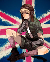 Rule 34 | 1boy, ankle boots, axis powers hetalia, blonde hair, boots, eyebrows, flag, frown, gloves, goggles, goggles on head, green eyes, gun, hat, kneehighs, male focus, military, military uniform, most body, napa (napppppa), npa, open mouth, shirt, shorts, sitting, socks, solo, sweat, tongue, tongue out, uniform, union jack, united kingdom, united kingdom (hetalia), weapon