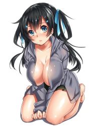 Rule 34 | 1girl, bare legs, barefoot, between legs, black hair, blue eyes, blue ribbon, breasts, cleavage, closed mouth, collarbone, green skirt, grey shirt, hair ornament, hair ribbon, hairclip, hand between legs, head tilt, keita (tundereyuina), kneeling, large breasts, leaning forward, light frown, long hair, long sleeves, looking at viewer, miniskirt, no bra, open clothes, open shirt, original, pink lips, pleated skirt, ribbon, shiny skin, shirt, simple background, skirt, solo, tareme, white background