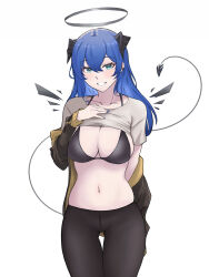 Rule 34 | 1girl, arknights, black bra, black pants, blue eyes, blue hair, blue nails, bra, commentary request, cowboy shot, fangs (fangs art), grey shirt, grin, halo, hand on own hip, highres, horns, leggings, long hair, looking at viewer, mostima (arknights), nail polish, navel, pants, shirt, short sleeves, simple background, smile, solo, standing, stomach, thighs, underwear, white background