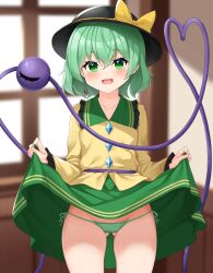 Rule 34 | 1girl, :d, blurry, blurry background, blush, bow, breasts, clothes lift, collarbone, commentary request, cowboy shot, crossed bangs, daichi (tokoya), gluteal fold, green eyes, green hair, green skirt, hair between eyes, hat, hat bow, heart, heart of string, highres, komeiji koishi, lifting own clothes, open mouth, petite, shirt, short hair, skirt, skirt lift, small breasts, smile, solo, straight-on, thigh gap, third eye, touhou, yellow bow, yellow shirt