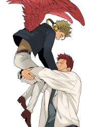 Rule 34 | 2boys, alternate costume, blonde hair, blue eyes, boku no hero academia, casual, couple, endeavor (boku no hero academia), facial hair, feathered wings, flying, hawks (boku no hero academia), headphones, highres, jacket, large pectorals, looking at another, male focus, mature male, multiple boys, muscular, muscular male, neko nomimi (nekoooo512), open clothes, open jacket, pectorals, red hair, red wings, scar, scar across eye, scar on face, short hair, sideburns, simple background, smile, spiked hair, stubble, white background, white jacket, wings, yaoi
