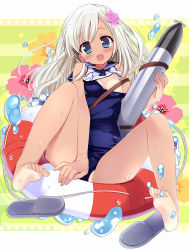 Rule 34 | 10s, 1girl, :d, barefoot, blonde hair, blue eyes, blush, clothes pull, convenient censoring, feet, flower, hair flower, hair ornament, kantai collection, lifebuoy, long hair, nagayama yuunon, one-piece swimsuit, one-piece swimsuit pull, one-piece tan, open mouth, ro-500 (kancolle), school swimsuit, shoes, smile, soles, solo, swim ring, swimsuit, tan, tanline, toe scrunch, toes, torpedo, unworn shoes