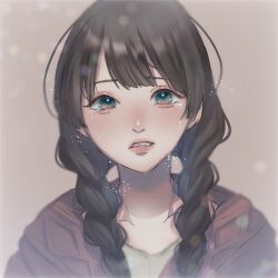 Rule 34 | 1girl, black hair, blue eyes, blush, braid, cable knit, commentary, crying, crying with eyes open, grey background, highres, light blush, light particles, lips, long hair, looking at viewer, low twin braids, low twintails, nose blush, original, parted lips, pink lips, portrait, red sweater, sad, shirt, solo, starnunchan, straight-on, sweater, tareme, tears, twin braids, twintails, upper body, white shirt