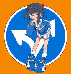 Rule 34 | 1girl, aqua eyes, bandaid, bandaid on face, bandaid on leg, bandaid on nose, blue background, blue footwear, blue jacket, blunt bangs, double vertical stripe, eyes visible through hair, full body, grey hair, hand up, highres, jacket, jitome, long sleeves, looking at viewer, medium hair, miniskirt, multicolored hair, nao97122, nike (company), open clothes, open jacket, open mouth, orange background, original, paw print, pleated skirt, ringed eyes, road sign, shoes, sidelocks, sign, skirt, sneakers, socks, solo, standing, streaked hair, twintails, white skirt, white socks, zipper pull tab