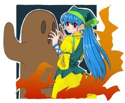 Rule 34 | 1girl, apron, blue background, blue hair, brush, dress, fire, green apron, green headwear, green scarf, hair between eyes, hands up, haniwa (statue), haniyasushin keiki, highres, long hair, looking to the side, open mouth, pink eyes, scarf, short sleeves, solo, standing, staygold, touhou, white background, yellow dress