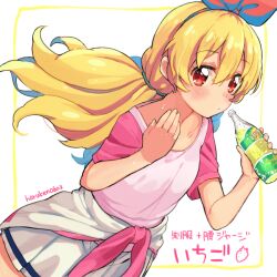 Rule 34 | 1girl, aikatsu!, aikatsu! (series), artist name, blonde hair, blush, bottle, bow, closed mouth, clothes around waist, commentary request, hair between eyes, hair bow, hairband, haruken, holding, holding bottle, hoshimiya ichigo, jacket, jacket around waist, long hair, looking at viewer, low twintails, pink shirt, pleated skirt, red bow, red eyes, red hairband, shirt, short sleeves, single stripe, skirt, solo, standing, sweatdrop, t-shirt, twintails, white skirt