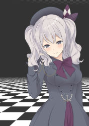 Rule 34 | 10s, 1girl, alternate costume, beret, breasts, checkered floor, female focus, grey eyes, grey hair, hand in own hair, hat, jacket, kantai collection, kashima (kancolle), large breasts, looking at viewer, mimamui, sidelocks, smile, solo, twintails, wavy hair, winter clothes