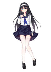 Rule 34 | 00s, 1girl, allenes, black hair, blue eyes, blush, full body, hairband, highres, loafers, long hair, looking at viewer, pleated skirt, school uniform, serafuku, shoes, simple background, skirt, solo, thighhighs, tohno akiha, tsukihime, white background, white thighhighs