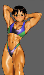Rule 34 | 1girl, abs, ai (sgt crisis), armpits, arms behind head, biceps, black eyes, black hair, blush, borrowed character, breasts, cessa, cleavage, cowboy shot, female focus, frown, grey background, looking at viewer, medium breasts, muscular, muscular arms, muscular female, muscular legs, navel, one eye closed, original, parted bangs, shiny skin, short hair, simple background, small breasts, solo, sports bikini, sports bra, standing, sweatdrop, tomboy