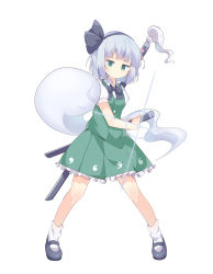 Rule 34 | 1girl, absurdres, black bow, black bowtie, black footwear, black hairband, blunt bangs, bob cut, bobby socks, bow, bowtie, closed mouth, collared shirt, dress, dual wielding, frilled dress, frills, full body, ghost, green dress, green eyes, green skirt, green vest, grey hair, hair bow, hair ribbon, hairband, highres, hitodama, holding, holding sword, holding weapon, katana, konpaku youmu, konpaku youmu (ghost), light beam, loafers, long sleeves, looking at viewer, mary janes, nanagi, open mouth, puffy short sleeves, puffy sleeves, ribbon, scabbard, serious, sheath, sheathed, shirt, shoes, short hair, short sleeves, simple background, skirt, skirt set, smile, socks, solo, standing, sword, touhou, vest, weapon, white background, white hair, white shirt, white socks