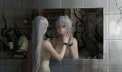 Rule 34 | 1girl, absurdres, arknights, bathroom, blood, broken mirror, chinese commentary, closed mouth, commentary request, crack, dress, expressionless, grey hair, hair between eyes, hand up, highres, indoors, infection monitor (arknights), lips, long hair, looking at mirror, mirror, painting (object), red eyes, reflection, shelf, skadi (arknights), sodiumcc, solo, spaghetti strap, tentacles, toilet, toilet paper, upper body, white dress