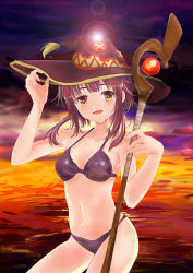 Rule 34 | 1girl, absurdres, bikini, black bikini, black hair, breasts, cleavage, commentary, commentary request, contrapposto, cowboy shot, dateyou, english commentary, hat, highres, kono subarashii sekai ni shukufuku wo!, lens flare, looking at viewer, megumin, mixed-language commentary, ocean, red eyes, short hair, small breasts, smile, solo, staff, sunset, swimsuit, water, witch hat