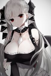Rule 34 | 1girl, azur lane, between breasts, black dress, black nails, breasts, cleavage, dress, earrings, formidable (azur lane), frilled dress, frills, grey hair, hair ribbon, highres, jewelry, large breasts, long hair, looking at viewer, nail polish, ogami ren, red eyes, ribbon, simple background, solo, twintails, two-tone dress, two-tone ribbon, very long hair, white background, white legwear